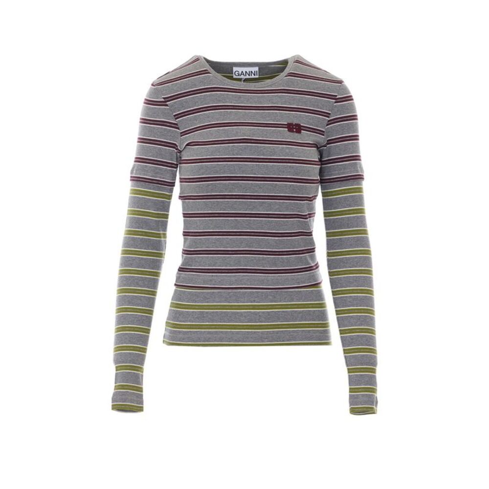 Ganni Women Logo Striped Long Sleeves Top